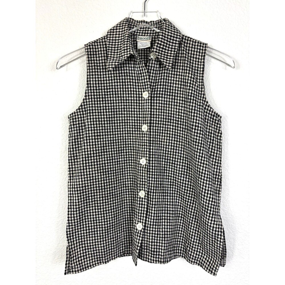 Vintage 90s Women’s Button up Linen Top S Black Gingham Prairie Western Plaid